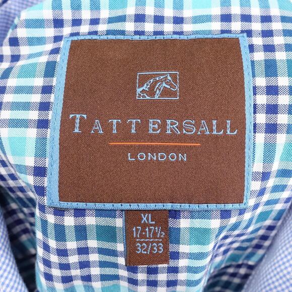 Tattersall London Shirt Mens XL 17-17.5 32/33 Blue Teal Plaid Button Front - Picture 6 of 8
